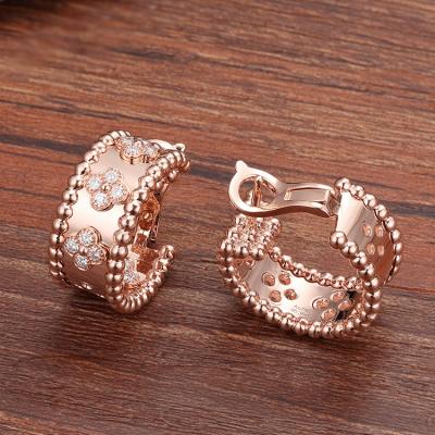 Van Cleef & Arpels 18K Rose Gold Perlée Clovers Diamonds Hoop Earrings VCARO2MK00